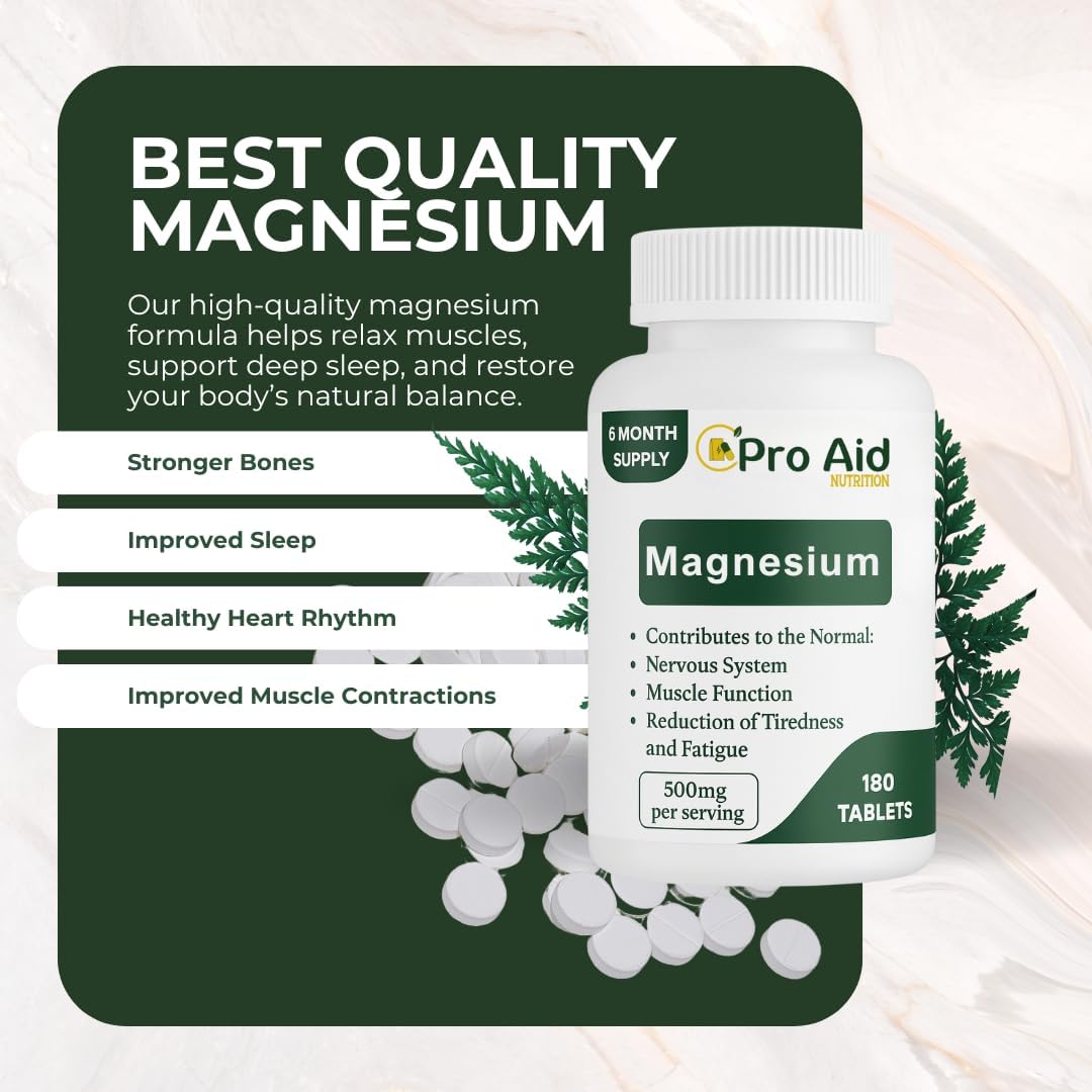 Magnesium Tablets 180 Pack by ProAid | Vegan & Vegetarian | 6 Months Supply | Made in UK | Easy to Swallow 11mm Tablets