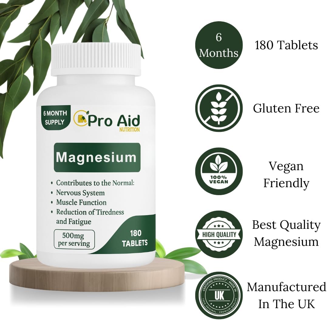 Magnesium Tablets 180 Pack by ProAid | Vegan & Vegetarian | 6 Months Supply | Made in UK | Easy to Swallow 11mm Tablets