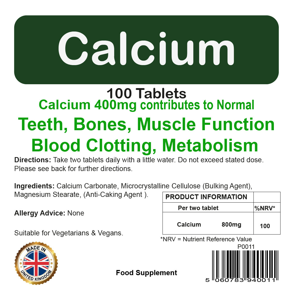 Calcium - Healthy Bones, Teeth, Muscles 400mg
