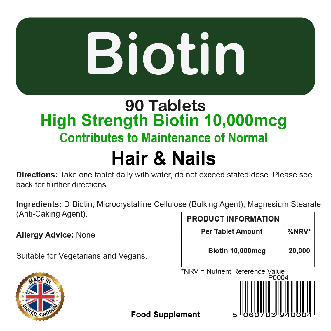 Biotin - 10,000mcg for Hair, Skin & Nails