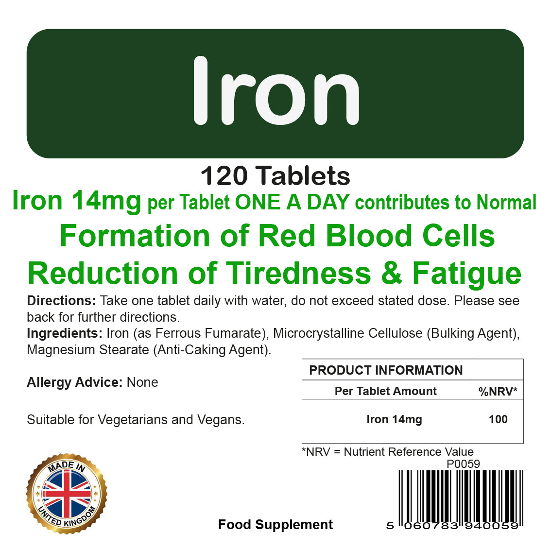Iron - 14mg for Red Blood Cells, Tiredness, Cognitive Function