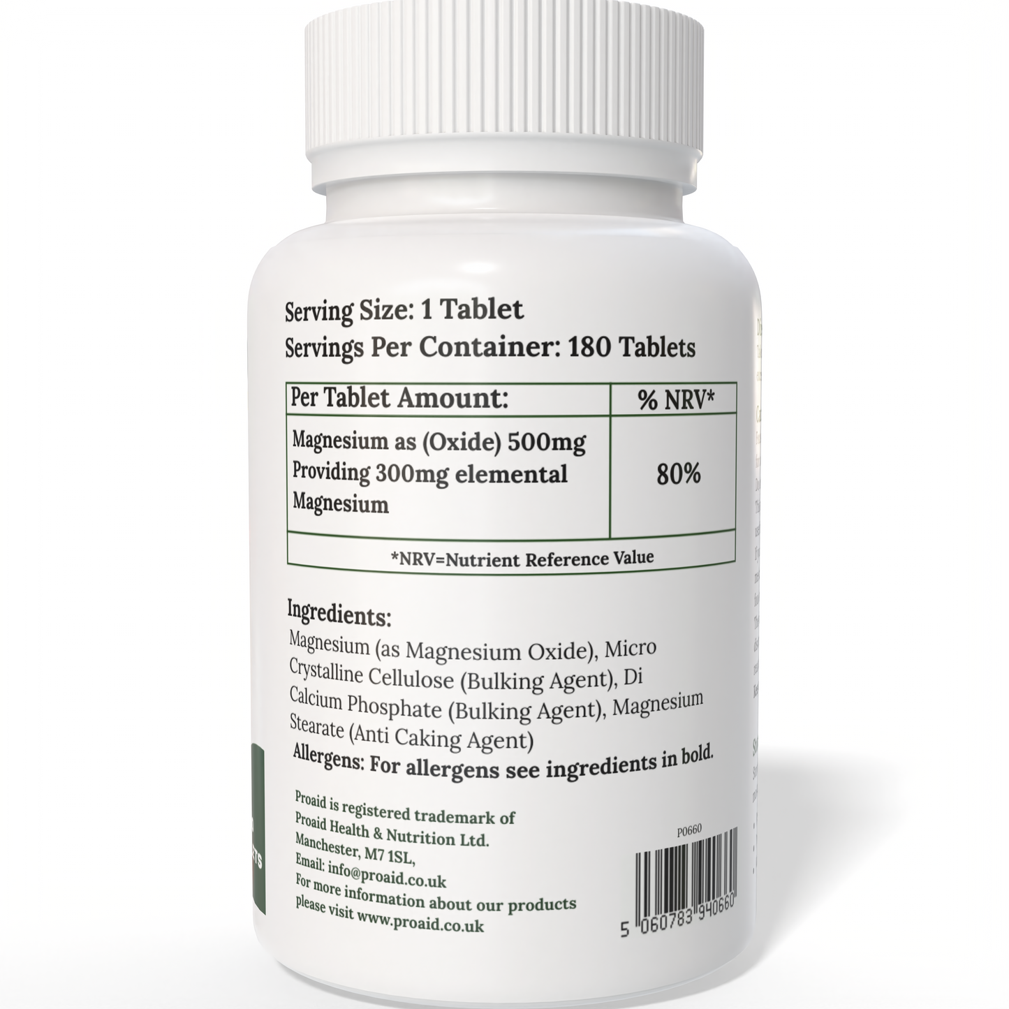 Magnesium Tablets 180 Pack by ProAid | Vegan & Vegetarian | 6 Months Supply | Made in UK | Easy to Swallow 11mm Tablets