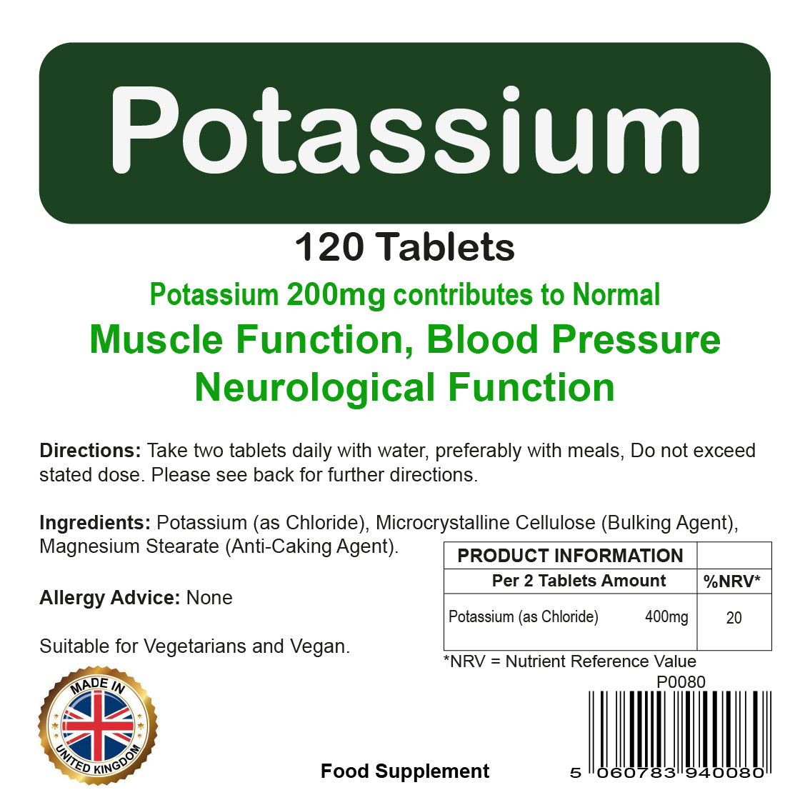 Potassium Tablets 200mg Normal Blood Pressure, Neurological Function