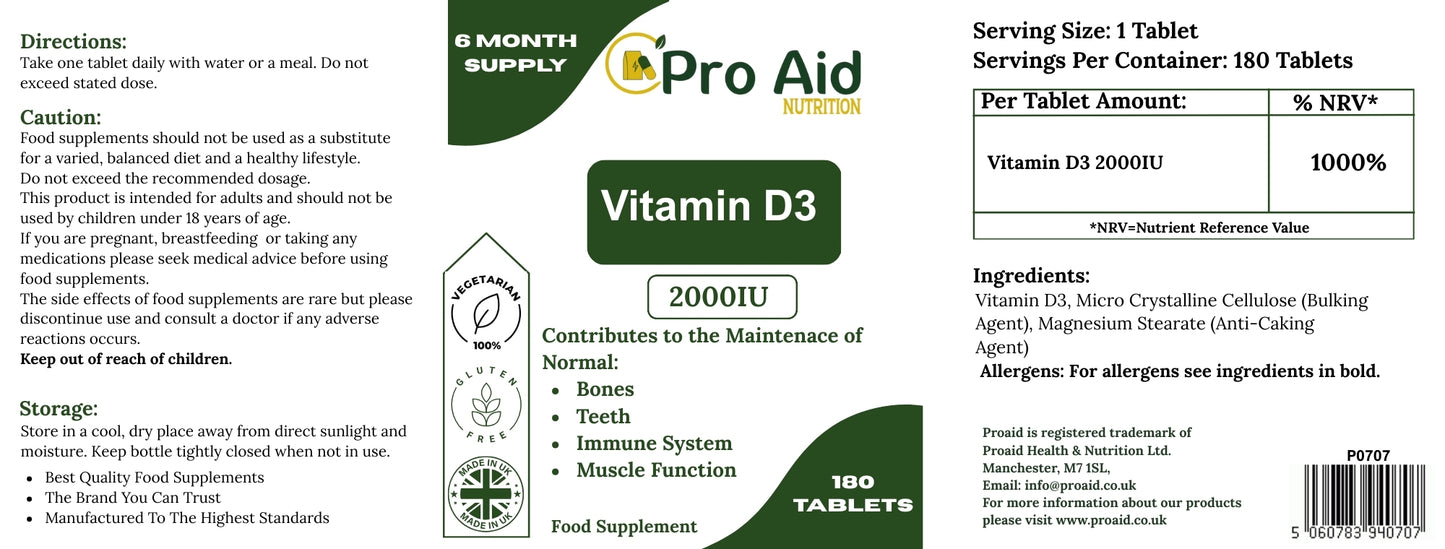 Vitamin D3 2000IU Tablets | 180 Pack | 6 Month Supply | Immune & Muscle Function | Vegetarian | By Proaid