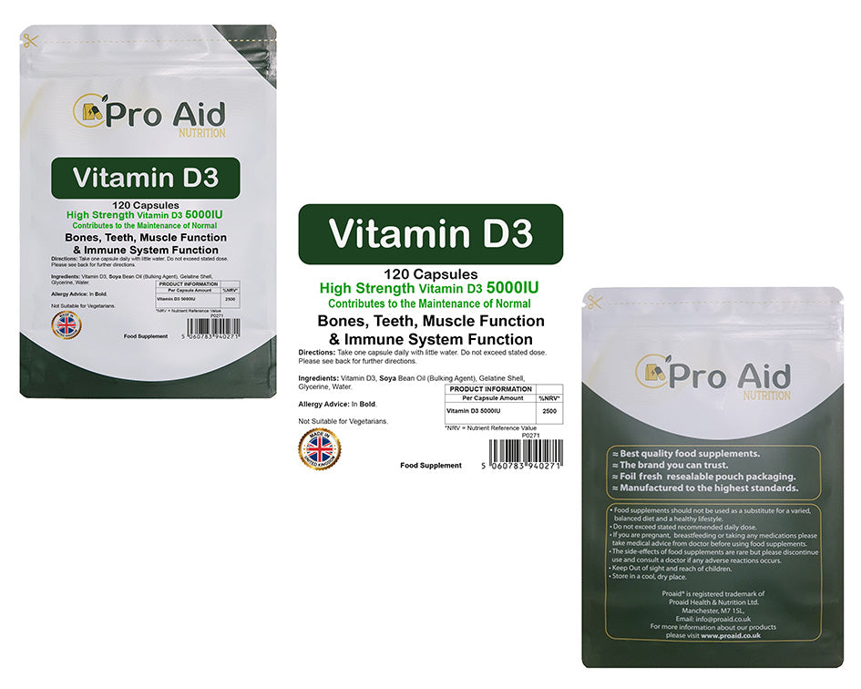 Vitamin D3 5000IU Tablets | 120 Pack | High Strength | Not Suitable For Vegetarians | By Proaid