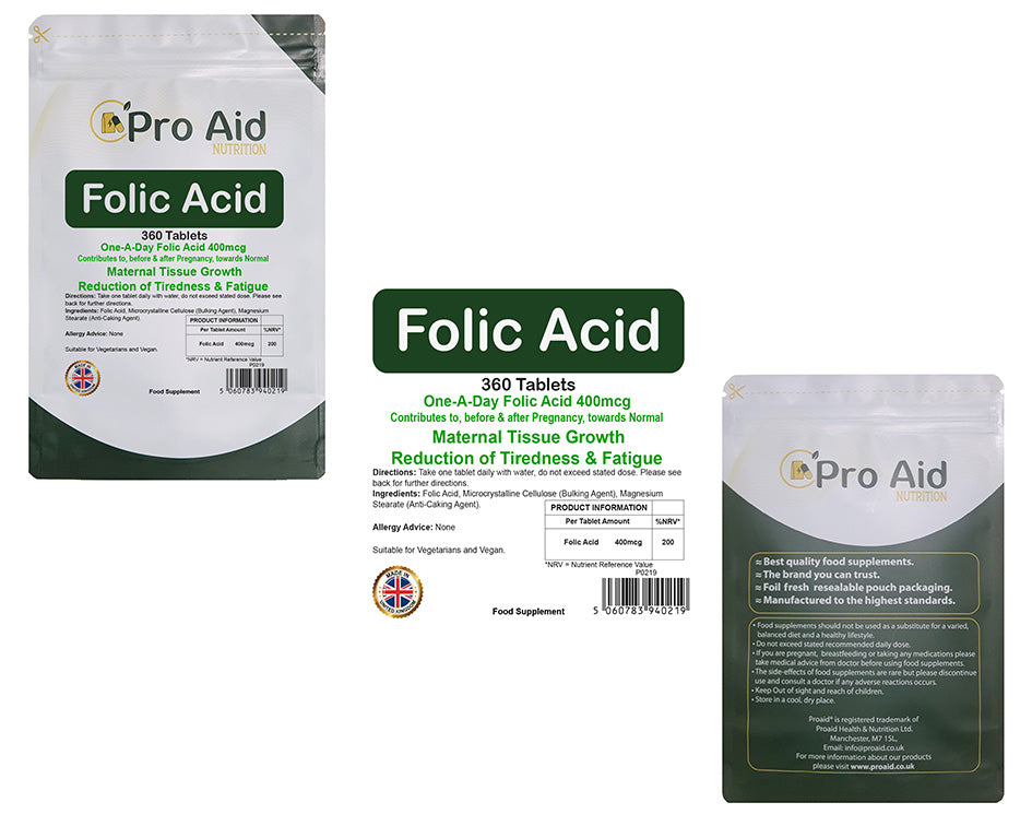 Folic Acid 400MCG Tablets | 360 Pack | Tiredness & Fatigue Reduction | Vegetarian & Vegan | By Proaid