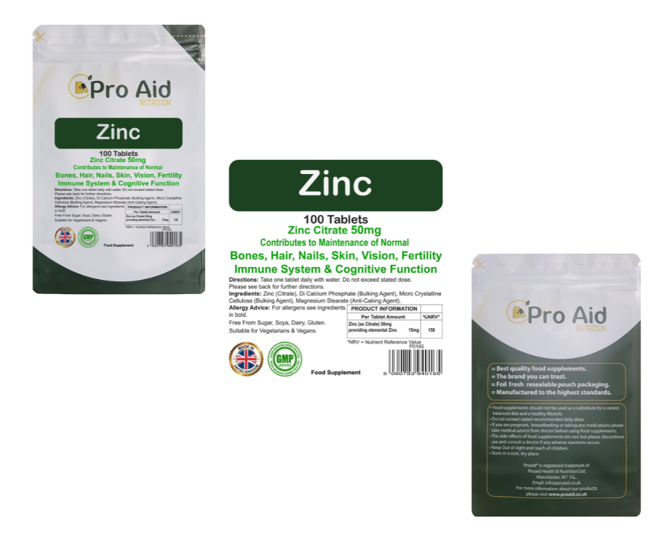 Zinc Citrate 50mg Tablets | 120 Pack | Immune Health & Healthy Skin | Vegetarian & Vegan | By Proaid
