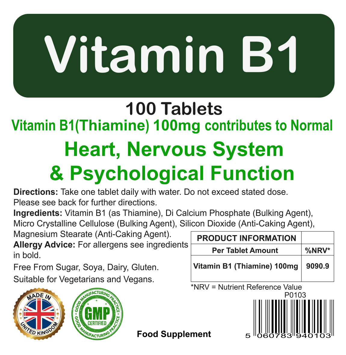 Vitamin B1 Thiamine - 100mg Nervous system, Heart Function, Metabolism