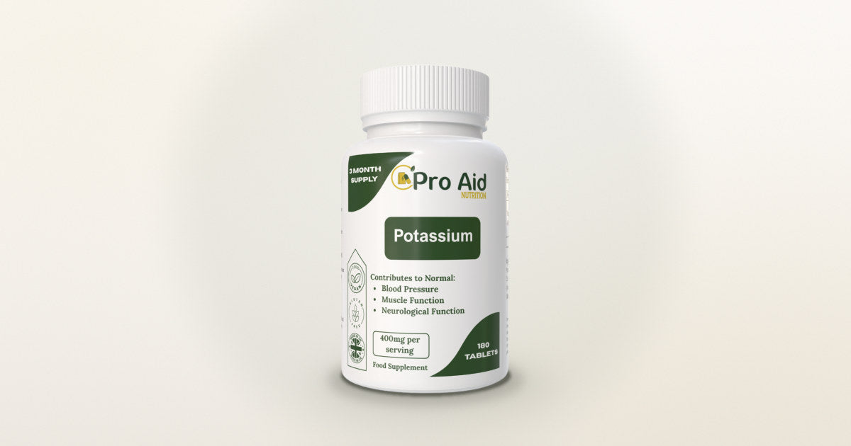 Proaid Potassium 180 tablets bottle on a cream background.