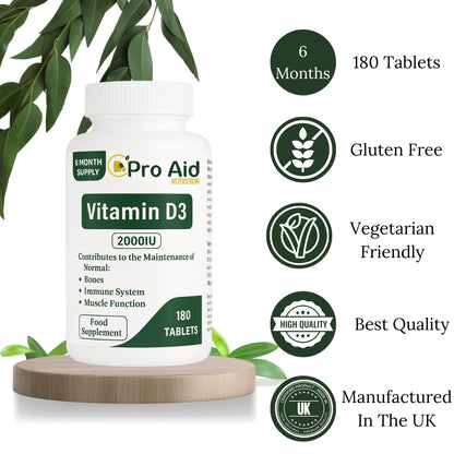 Vitamin D3 2000IU Tablets | 180 Pack | 6 Month Supply | Immune & Muscle Function | Vegetarian | By Proaid