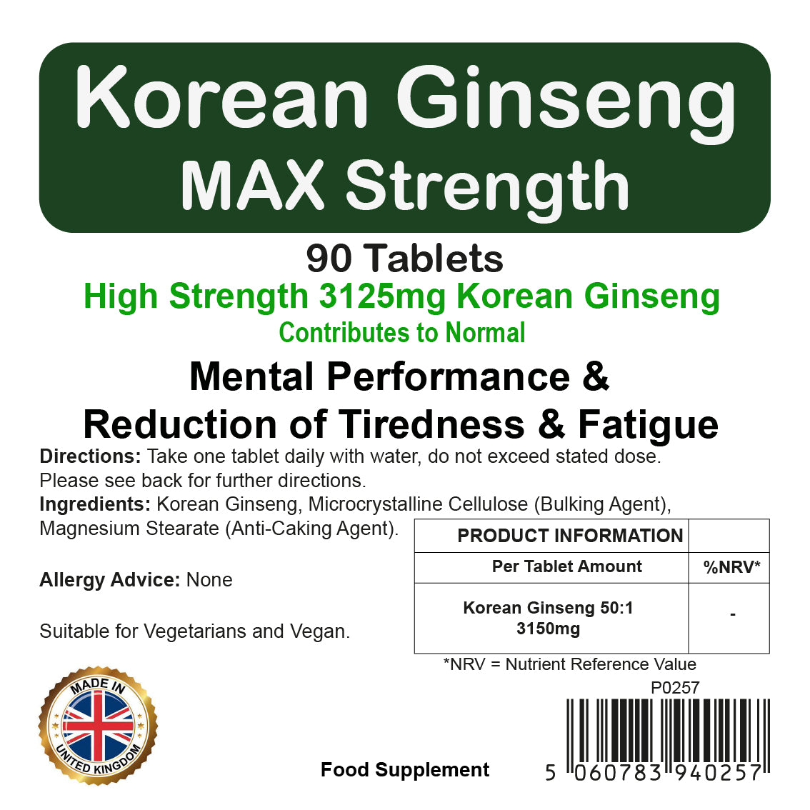 Korean Ginseng MAX Strength 3125mg Tablets