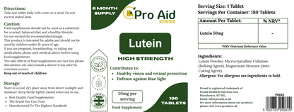 Lutein 50mg High Strength Eye Care Health 180 Tablets By Proaid