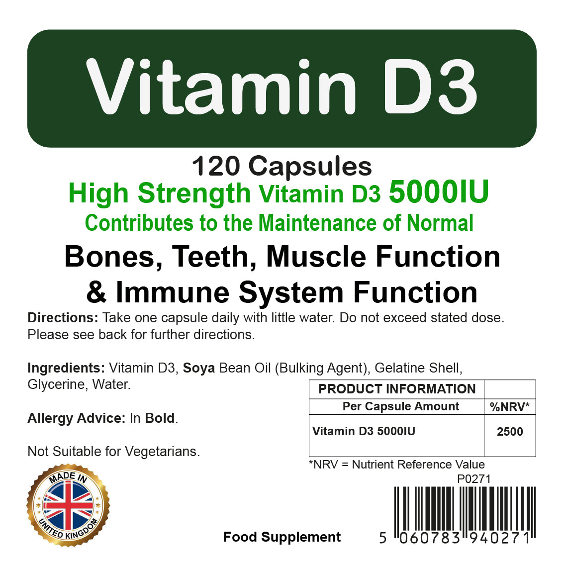 VITAMIN D3 HIGH STRENGTH 5000IU Immune, Bones