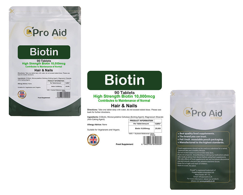Biotin 10,000 MCG Tablets | 90 Pack | Hair, Skin & Nail Support | Vegetarian & Vegan | By Proaid