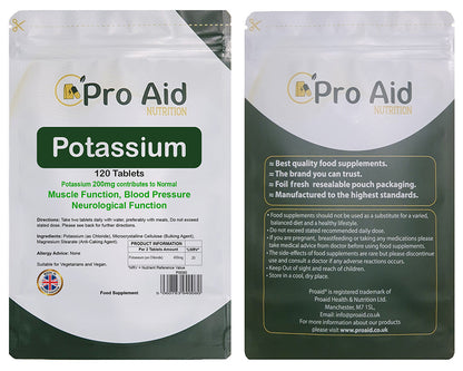 Potassium 200mg Tablets | 120 Pack | Muscle Function | Vegetarian & Vegan | By Proaid