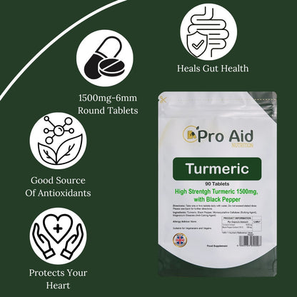 Turmeric 1500mg Tablets | 90 Pack | With Black Pepper | Vegetarian & Vegan | By Proaid