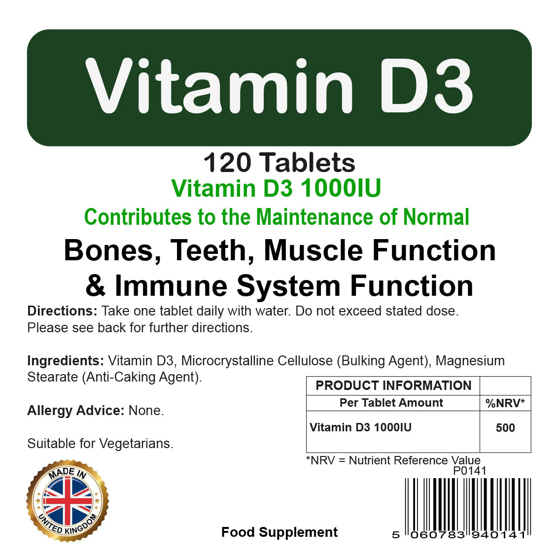 Vitamin D3 1000IU Tablets | 120 Pack | Immune Health | Suitable For Vegetarians | By Proaid