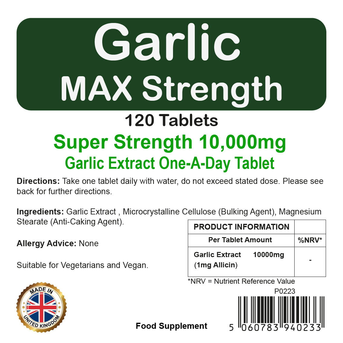 Garlic 10,000mg Tablets | 120 Pack | Immune Support | Vegetarian & Vegan | By Proaid