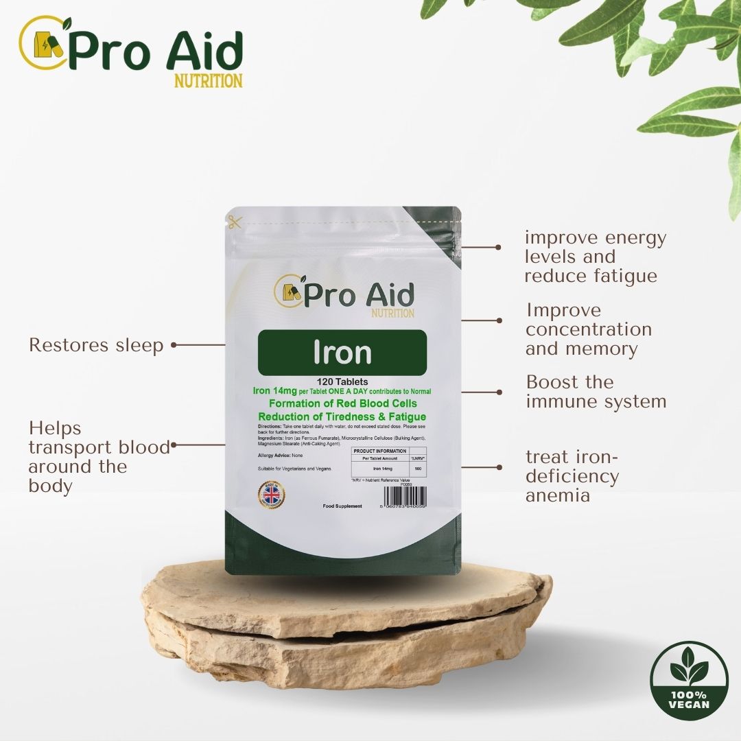 Iron 14mg Tablets | 120 Pack | Tiredness & Cognitive Support | Vegetarian & Vegan | By Proaid