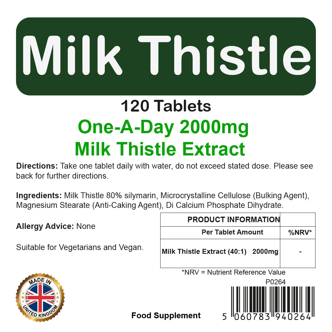 Milk Thistle 1000mg Tablets | 120 Pack | Vegetarian & Vegan | By Proaid