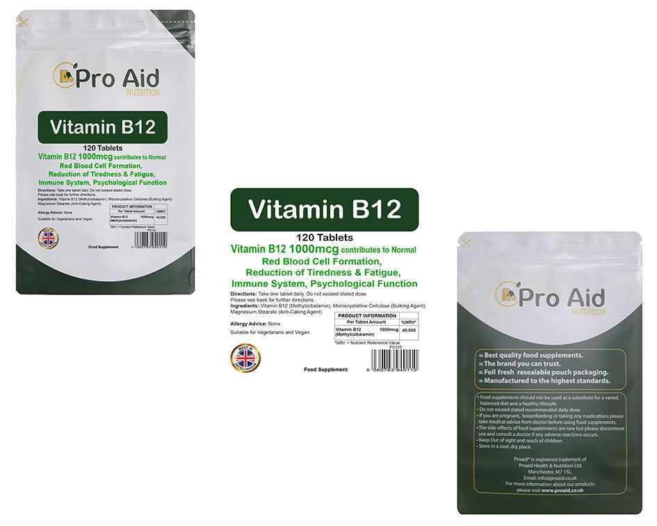 Vitamin B12 1000mcg Tablets | 120 Pack | Red Blood Cell Support | Vegetarian & Vegan | By Proaid