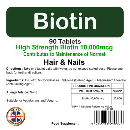 Biotin 10,000 MCG Tablets | 90 Pack | Hair, Skin & Nail Support | Vegetarian & Vegan | By Proaid