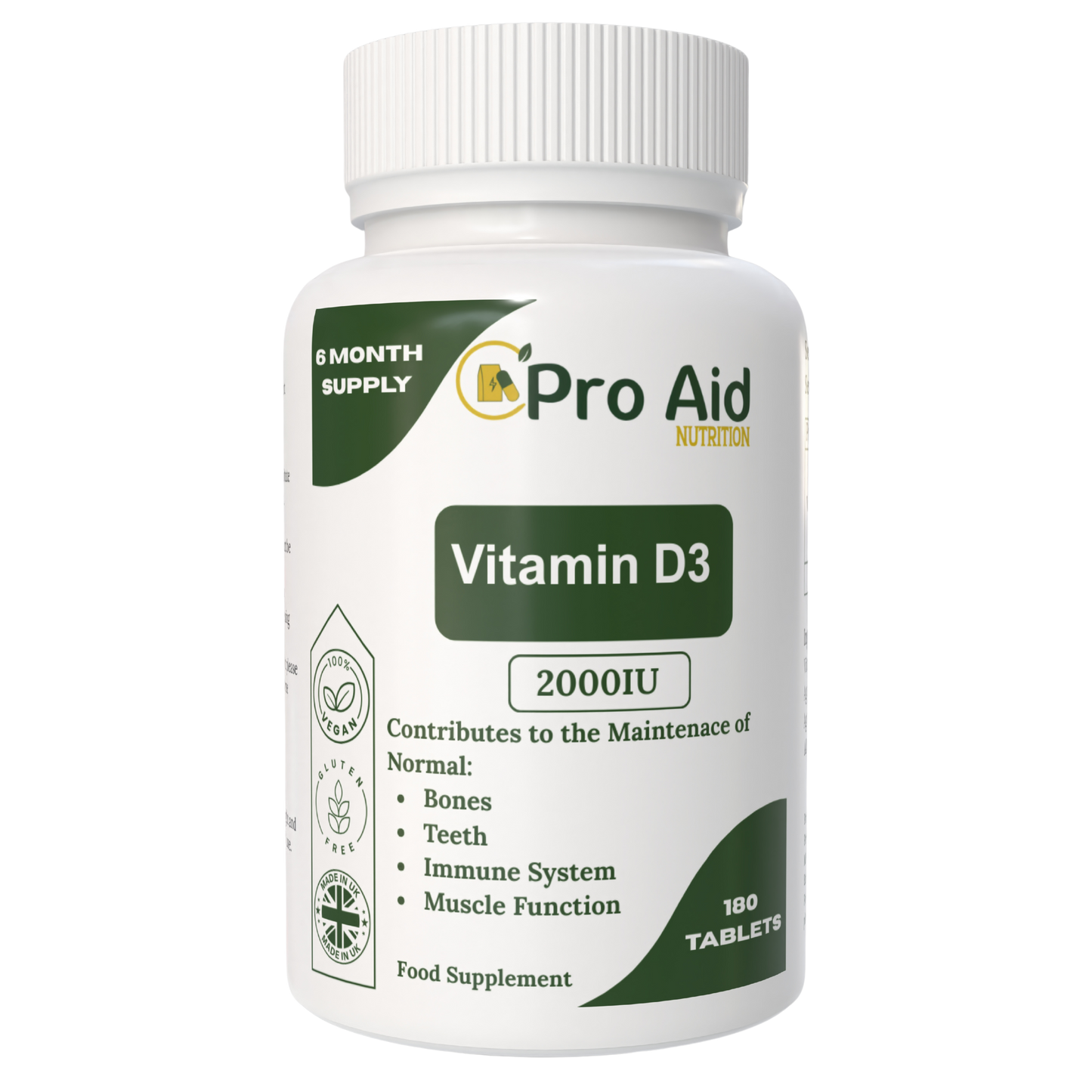 Vitamin D3 2000IU Tablets | 180 Pack | 6 Month Supply | Immune & Muscle Function | Vegan | By Proaid