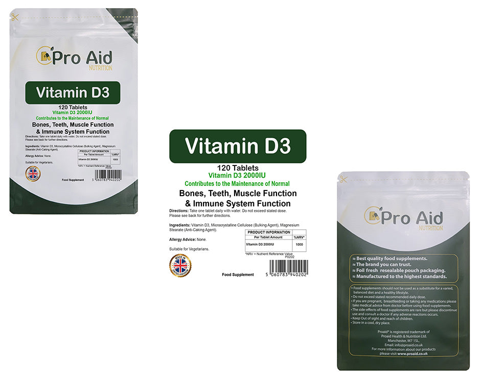 Vitamin D3 2000IU Tablets | 120 Pack | Immune Health | Suitable For Vegetarians | By Proaid