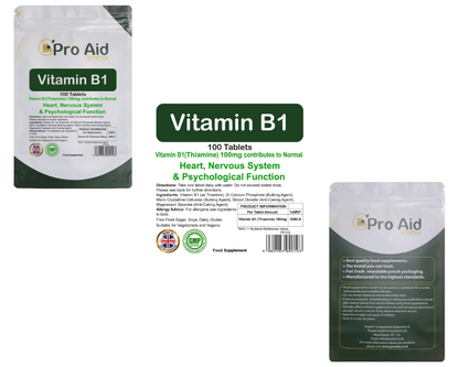 Vitamin B1 100mg (Thiamine) Tablets | 100 Pack | Nervous System | Vegetarian & Vegan | By Proaid