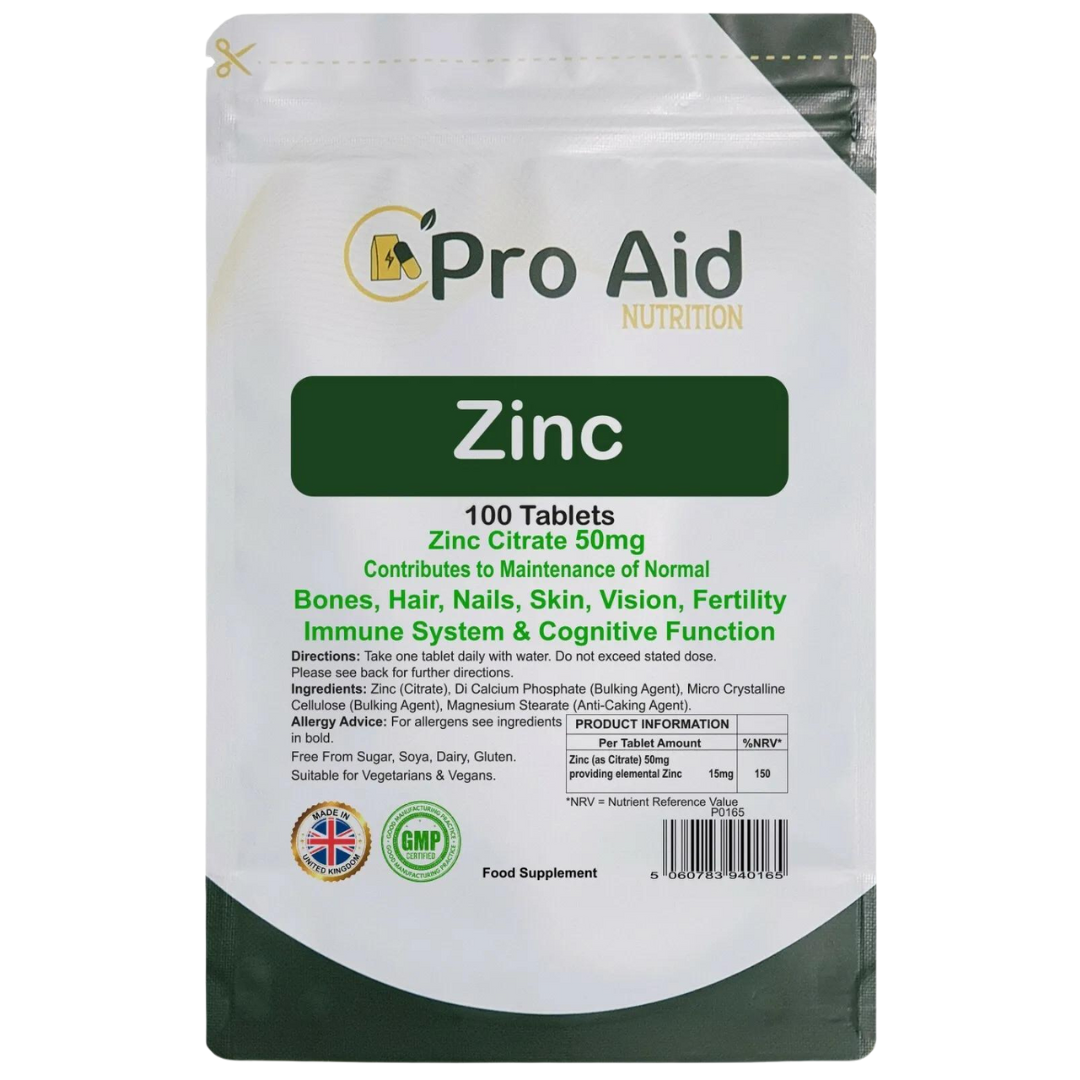 Zinc Citrate 50mg Tablets | 120 Pack | Immune Health & Healthy Skin | Vegetarian & Vegan | By Proaid