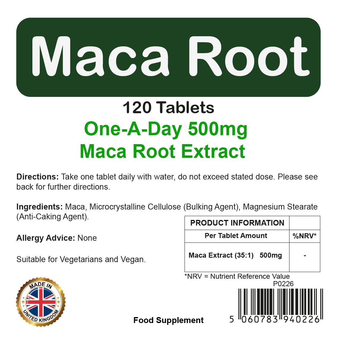 Maca Root 500mg Tablets | 120 Pack | High Strength Herbal Extract | Vegetarian & Vegan | By Proaid