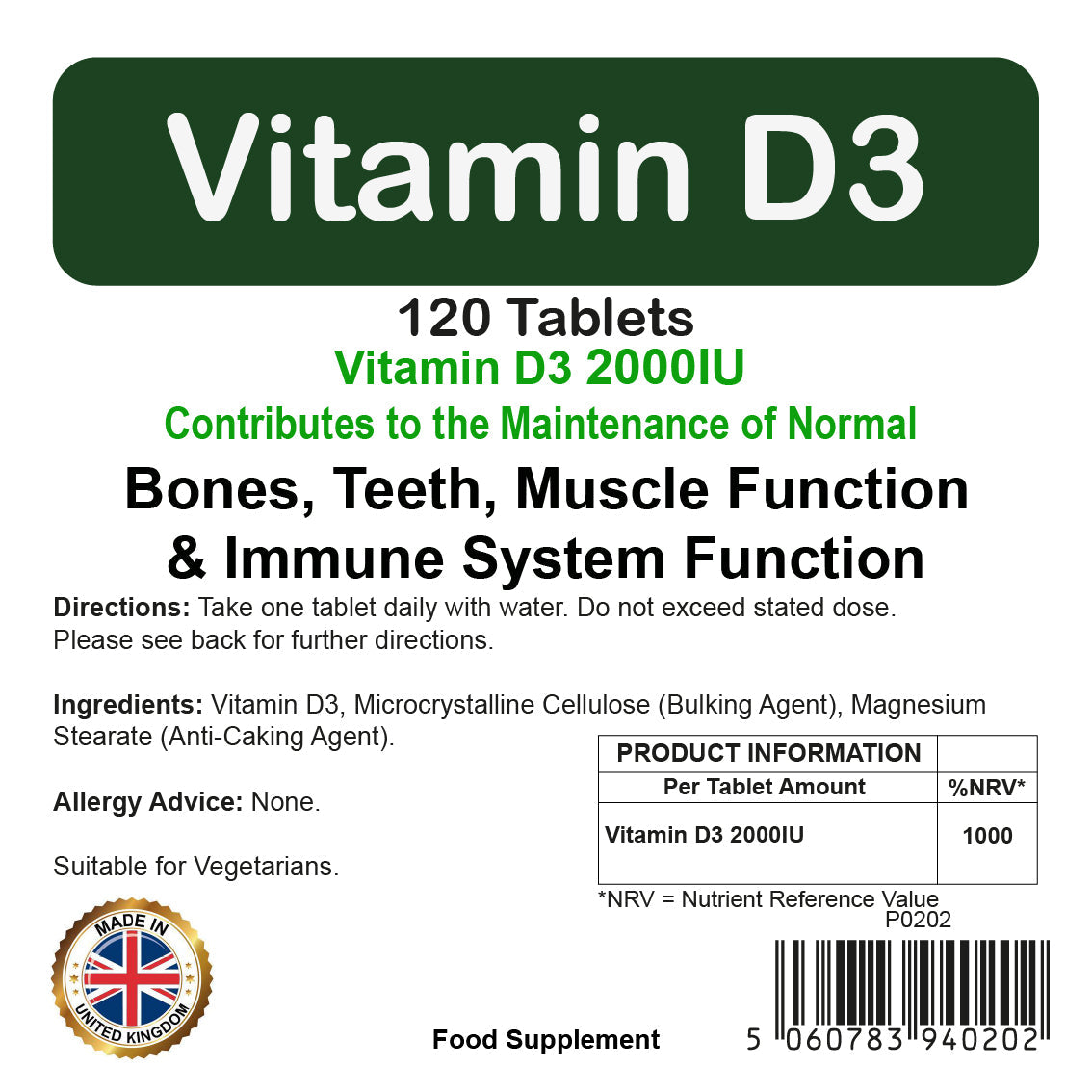 Vitamin D3 2000IU Tablets | 120 Pack | Immune Health | Suitable For Vegetarians | By Proaid
