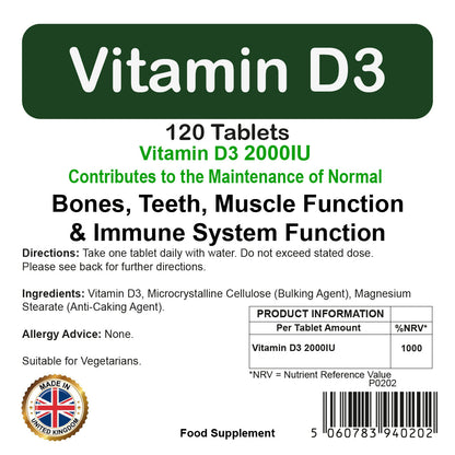 Vitamin D3 2000IU Tablets | 120 Pack | Immune Health | Suitable For Vegetarians | By Proaid