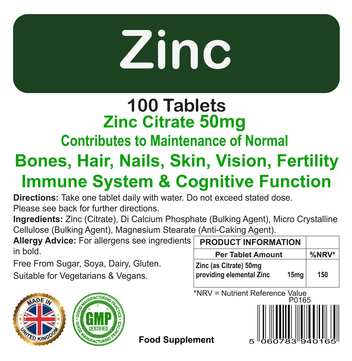 Zinc Citrate 50mg Tablets | 120 Pack | Immune Health & Healthy Skin | Vegetarian & Vegan | By Proaid