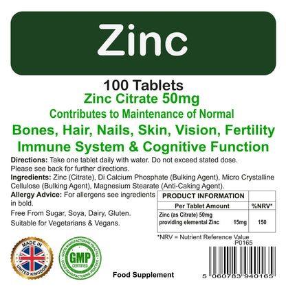 Zinc Citrate 50mg Tablets | 120 Pack | Immune Health & Healthy Skin | Vegetarian & Vegan | By Proaid