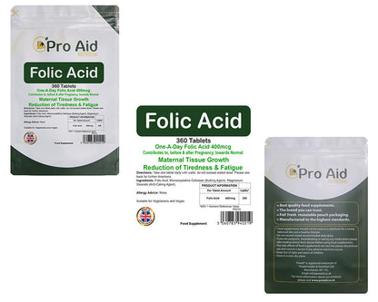 Folic Acid 400MCG Tablets | 360 Pack | Tiredness & Fatigue Reduction | Vegetarian & Vegan | By Proaid