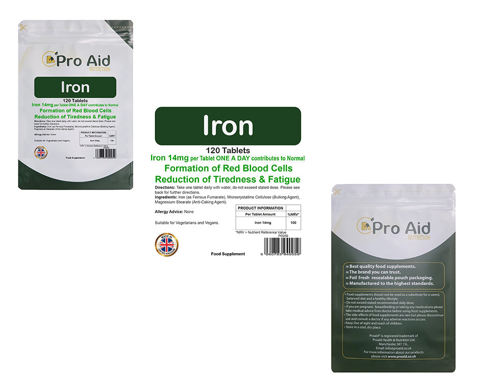 Iron 14mg Tablets | 120 Pack | Tiredness & Cognitive Support | Vegetarian & Vegan | By Proaid
