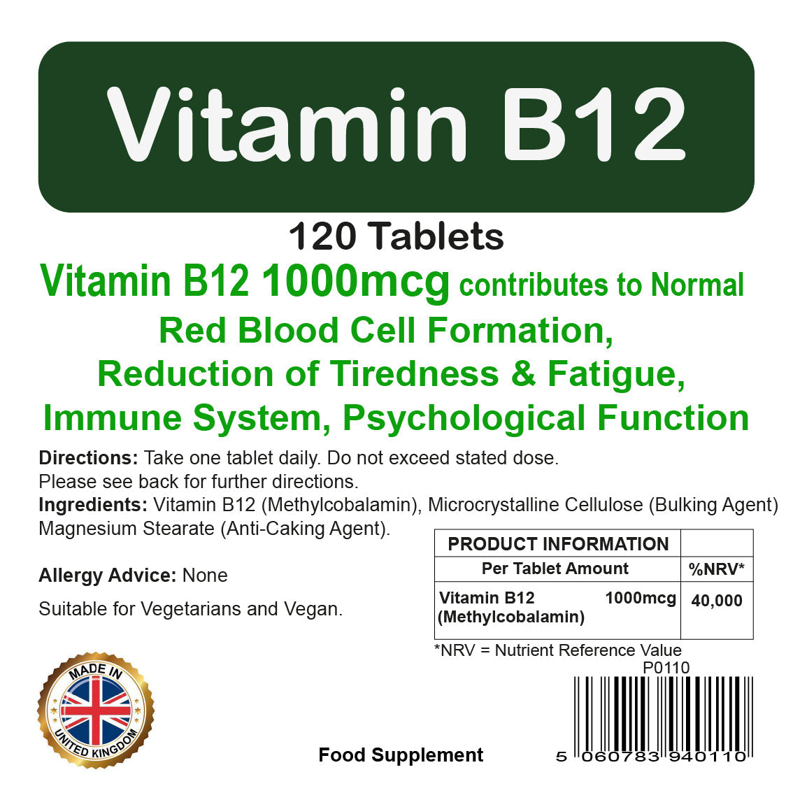 Vitamin B12 1000mcg Tablets | 120 Pack | Red Blood Cell Support | Vegetarian & Vegan | By Proaid