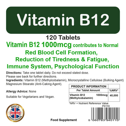 Vitamin B12 1000mcg Tablets | 120 Pack | Red Blood Cell Support | Vegetarian & Vegan | By Proaid