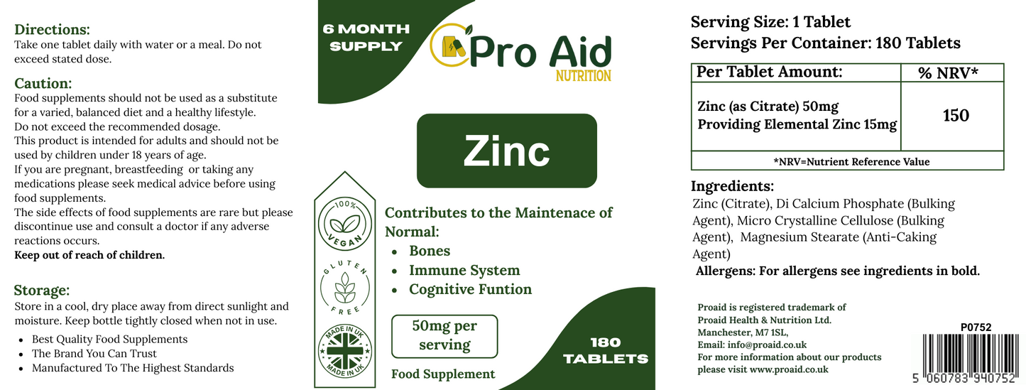 Zinc 50mg Tablets | 180 Pack | 6 Month Supply | Immune & Sexual Health Support | Vegan | By Proaid