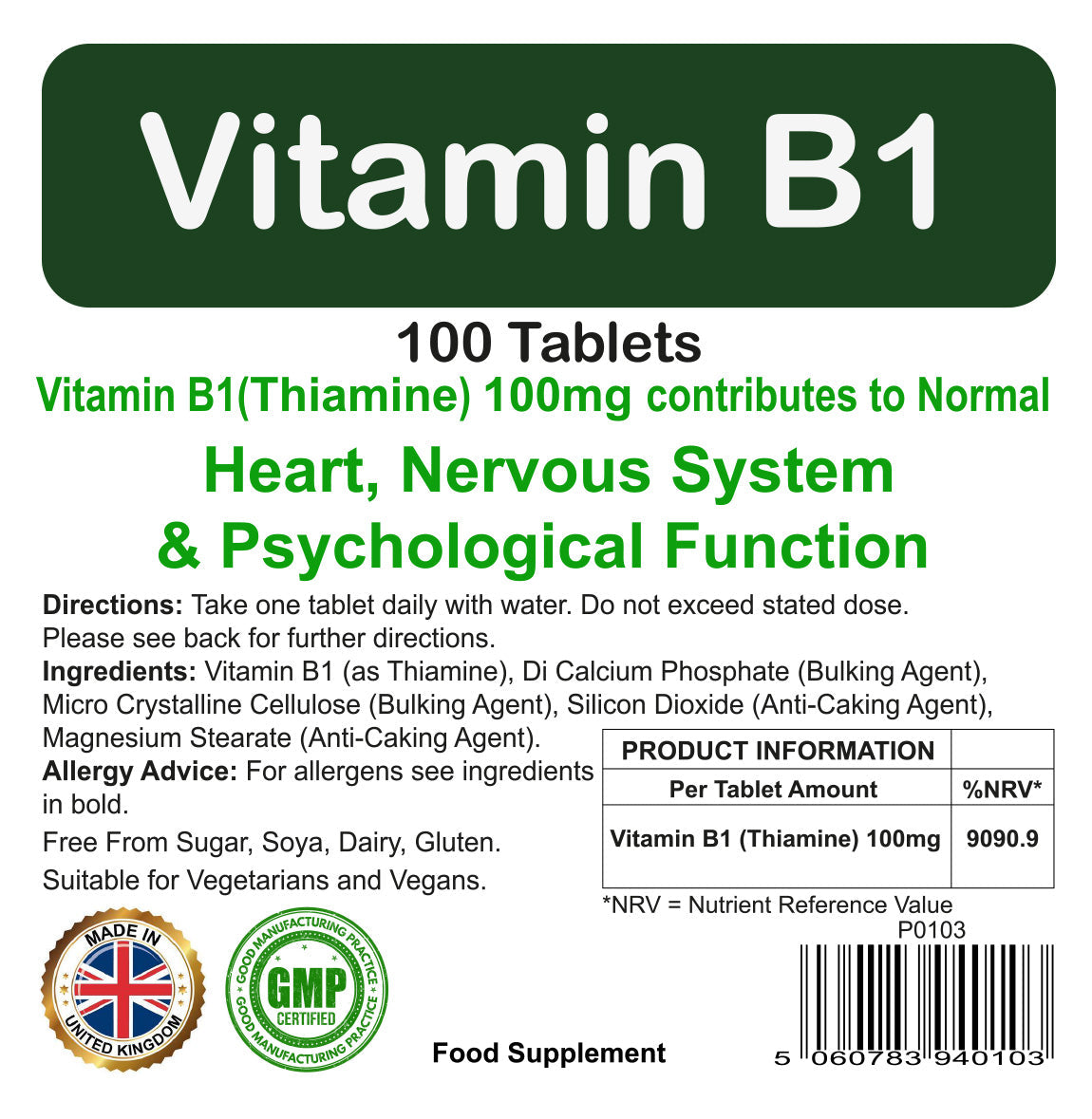 Vitamin B1 100mg (Thiamine) Tablets | 100 Pack | Nervous System | Vegetarian & Vegan | By Proaid