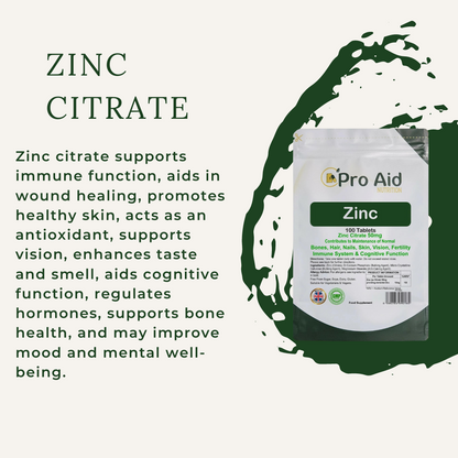 Zinc Citrate 50mg Tablets | 120 Pack | Immune Health & Healthy Skin | Vegetarian & Vegan | By Proaid