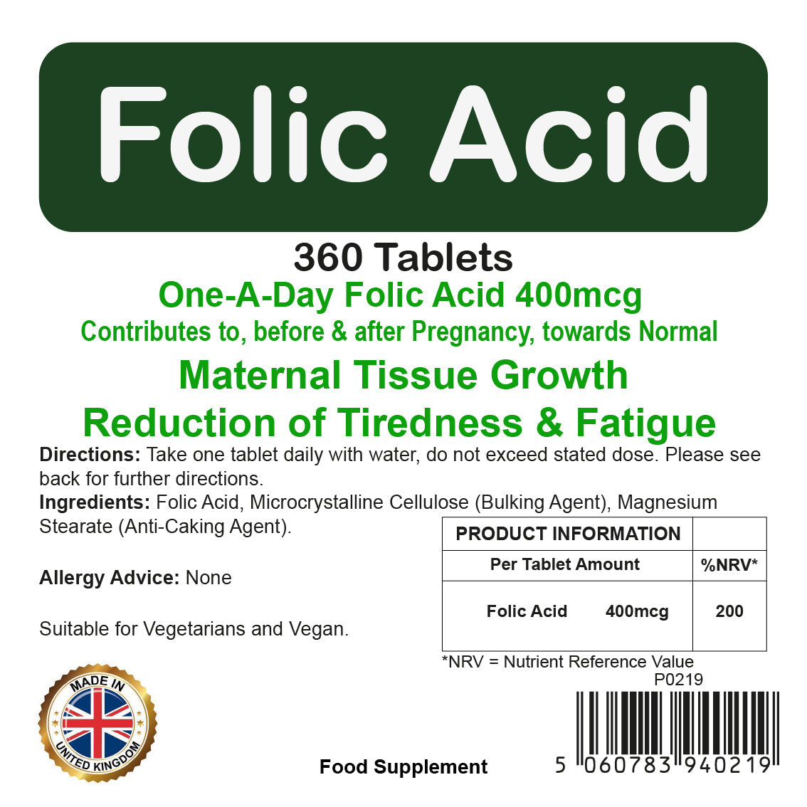 Folic Acid 400MCG Tablets | 360 Pack | Tiredness & Fatigue Reduction | Vegetarian & Vegan | By Proaid
