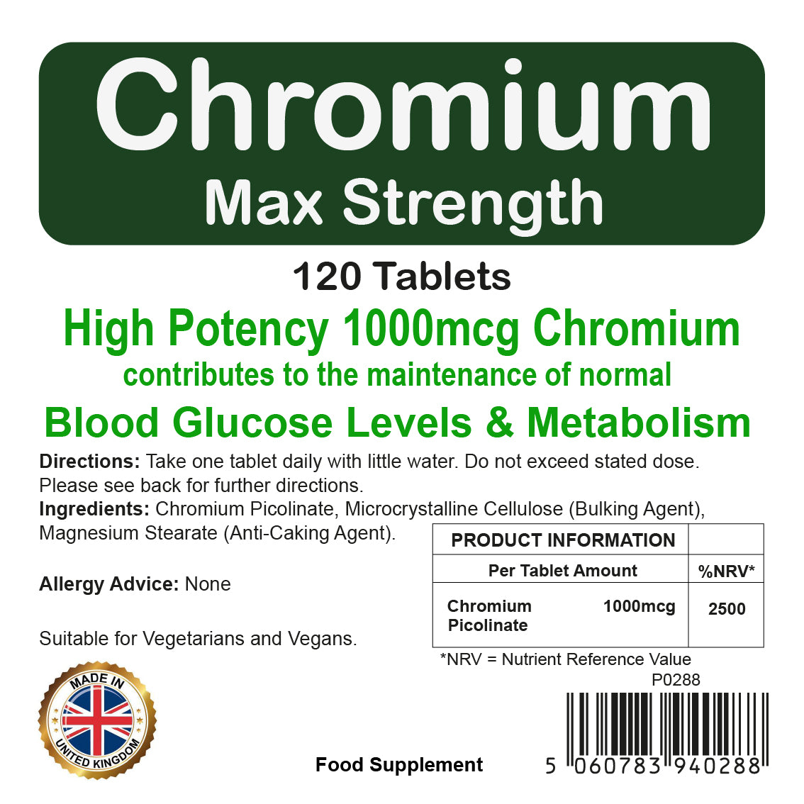 Chromium Picolinate 1000MCG Tablets | MAX Strength | 120 Pack | Vegetarian & Vegan | By Proaid