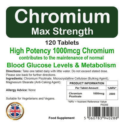 Chromium Picolinate 1000MCG Tablets | MAX Strength | 120 Pack | Vegetarian & Vegan | By Proaid