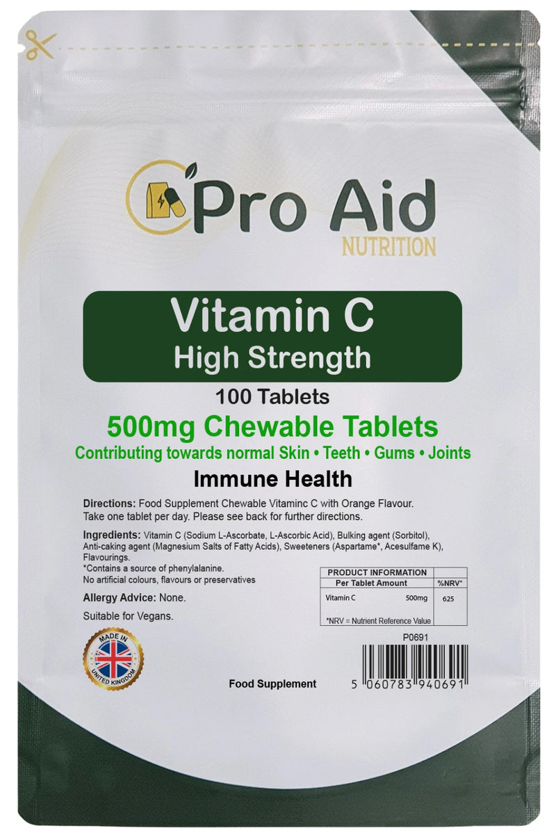 Vitamin C 500mg Tablets | 100 Pack | Immune Support | Vegetarian & Vegan | By Proaid