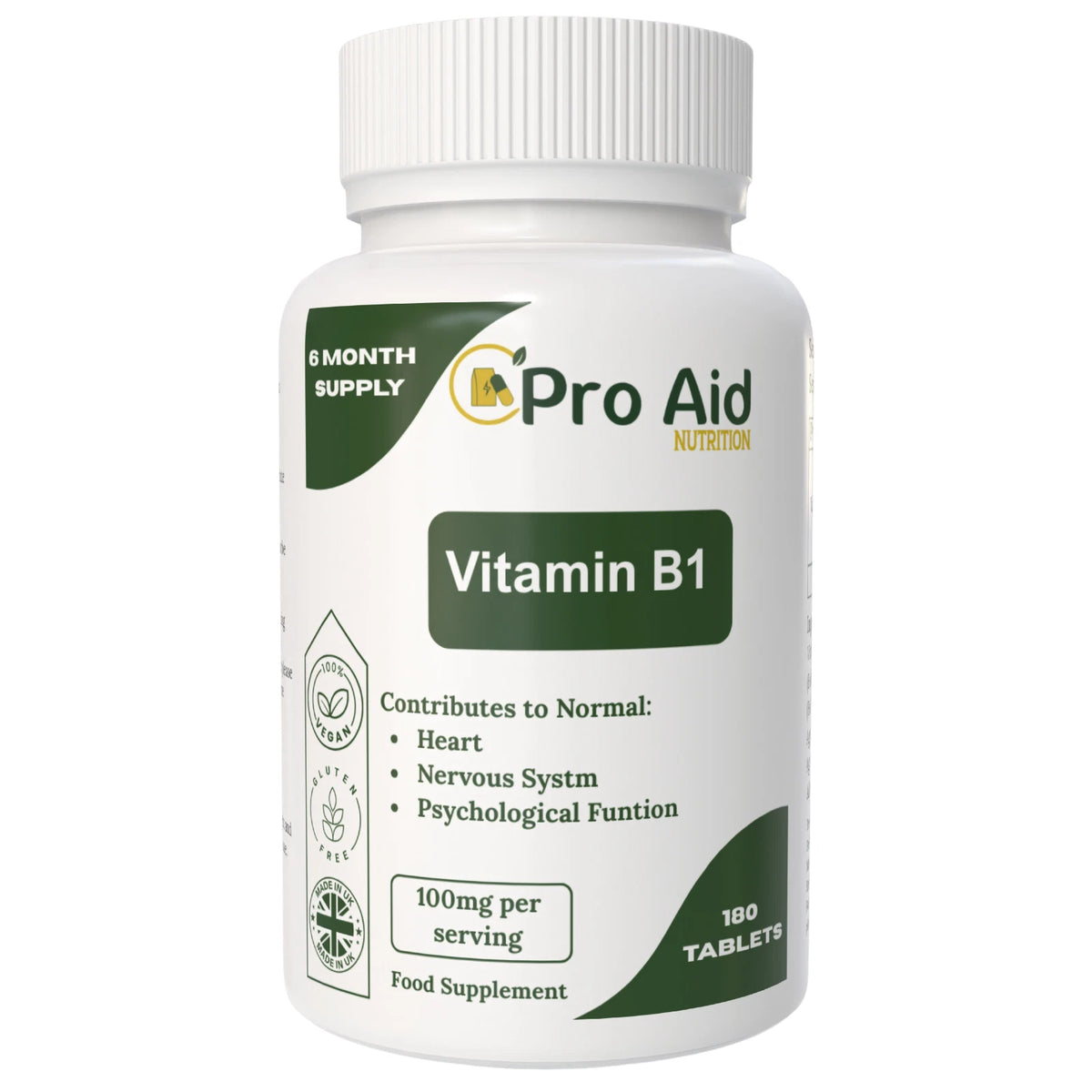 Vitamin B1 (Thiamine) Tablets | 180 Pack | Nervous System Support | Vegetarian & Vegan | By Proaid
