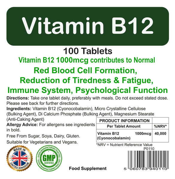 Vitamin B12 Tablets 1000mcg High Strength for Tiredness, Red Blood Cell 100 Pack by Proaid