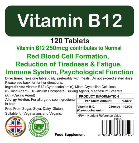 Vitamin B12 Tablets  250mcg for Tiredness, Immune System, Red Blood Cell 120 Pack by Proaid