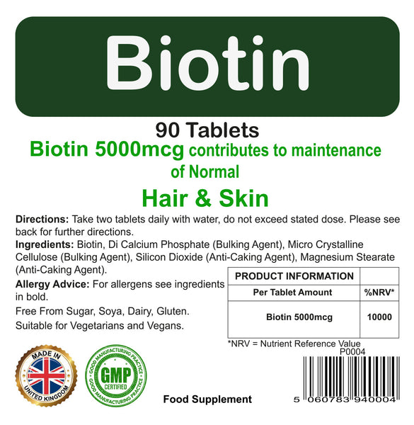 Biotin Tablets  5000mcg for Hair, Skin & Nails  90 Pack by Proaid Nutrition